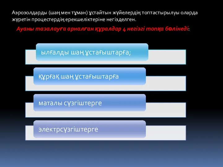 Аэрозолдарды (шаң мен тұман) ұстайтын жүйелердің топтастырылуы оларда жүретін процестердің ерекшеліктеріне