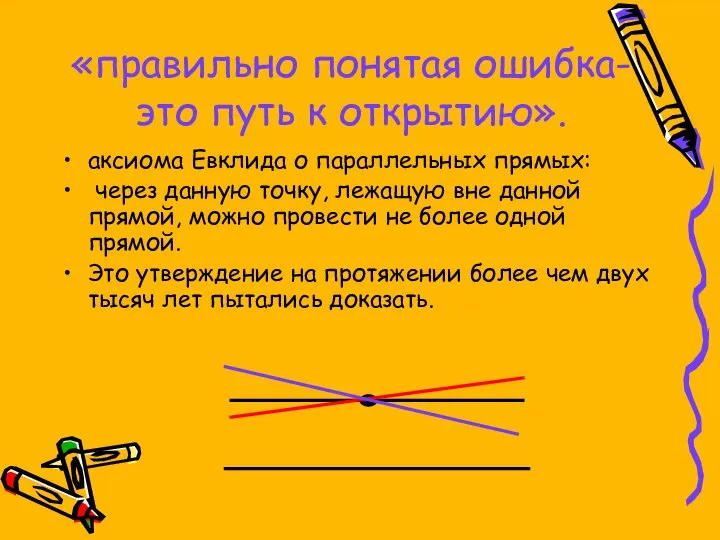 «правильно понятая ошибка- это путь к открытию». аксиома Евклида о параллельных