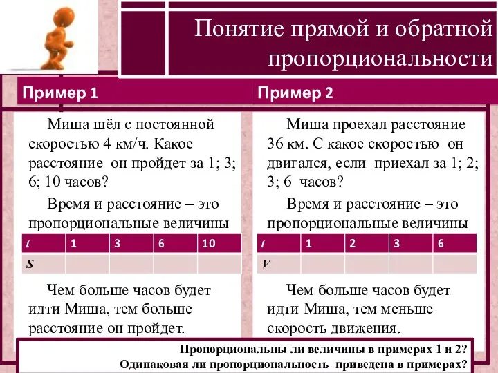 Пример 2 Пример 1 Понятие прямой и обратной пропорциональности Миша шёл