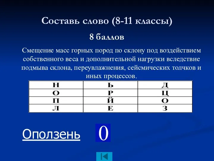 Составь слово (8-11 классы) 8 баллов Смещение масс горных пород по