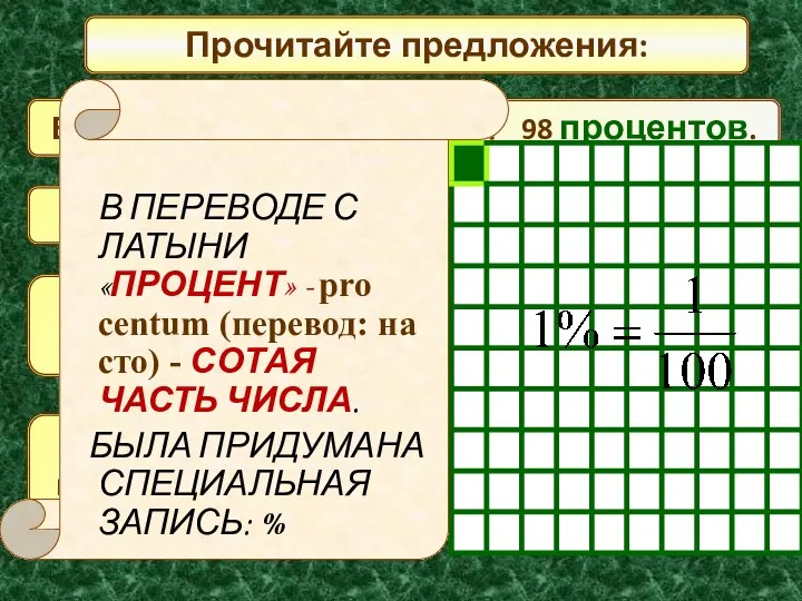 Прочитайте предложения: Всхожесть семян составляет 98 процентов. Концентрация раствора кислоты –