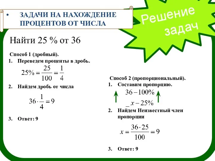 Решение задач ЗАДАЧИ НА НАХОЖДЕНИЕ ПРОЦЕНТОВ ОТ ЧИСЛА Найти 25 %