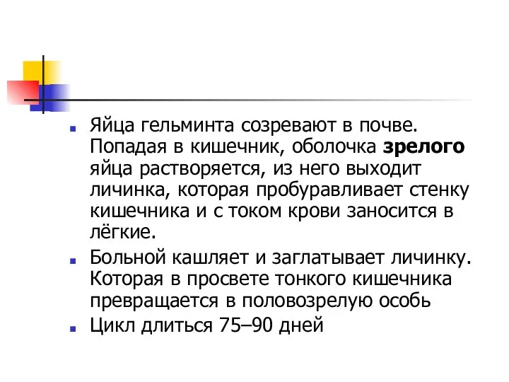 Яйца гельминта созревают в почве. Попадая в кишечник, оболочка зрелого яйца