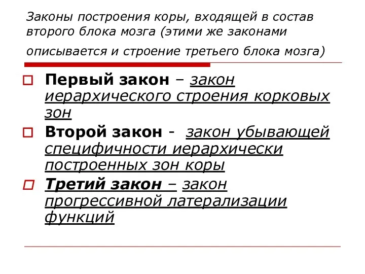 Законы построения коры, входящей в состав второго блока мозга (этими же