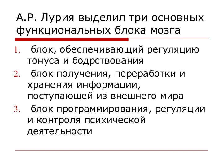 А.Р. Лурия выделил три основных функциональных блока мозга блок, обеспечивающий регуляцию