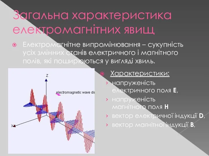 Загальна характеристика електромагнітних явищ Електромагнітне випромінювання – сукупність усіх змінних станів