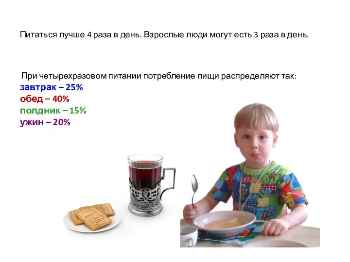 При четырехразовом питании потребление пищи распределяют так: завтрак – 25% обед