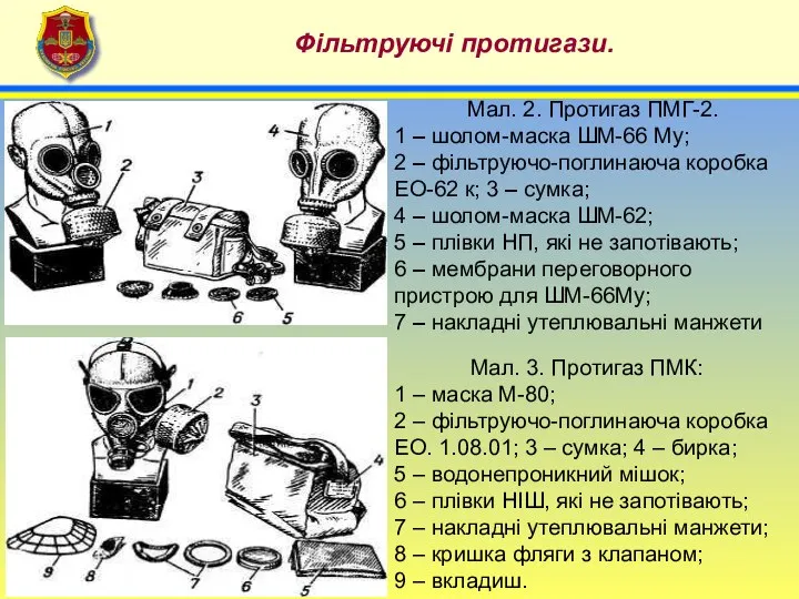 4 Фільтруючі протигази. . Мал. 2. Протигаз ПМГ-2. 1 – шолом-маска