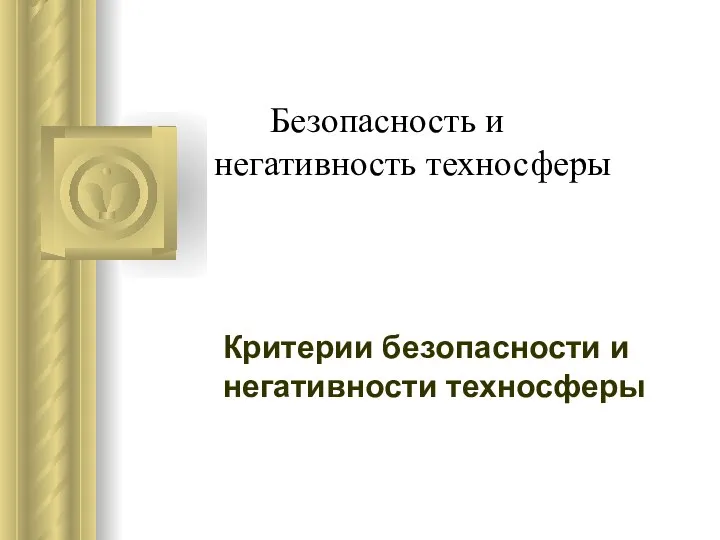 Безопасность и негативность техносферы Критерии безопасности и негативности техносферы