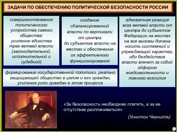 ЗАДАЧИ ПО ОБЕСПЕЧЕНИЮ ПОЛИТИЧЕСКОЙ БЕЗОПАСНОСТИ РОССИИ совершенствование политического устройства самого общества;