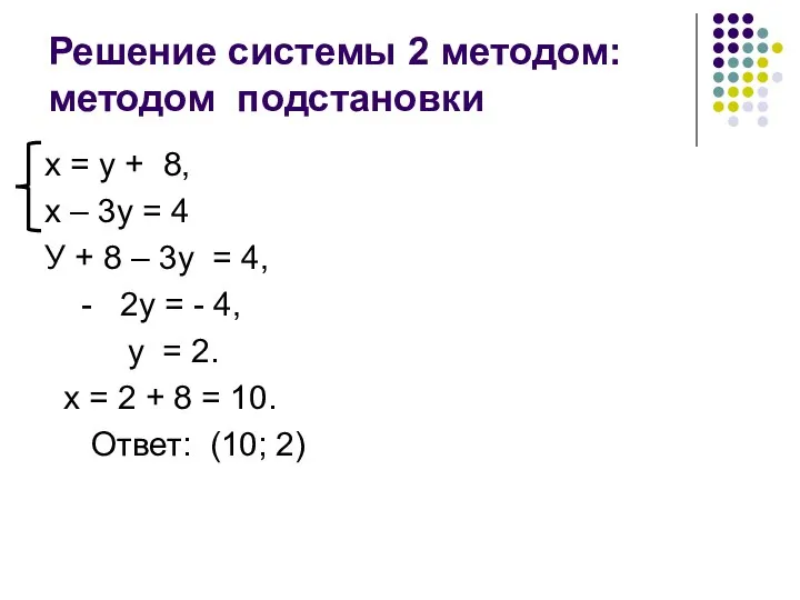 Решение системы 2 методом: методом подстановки х = у + 8,