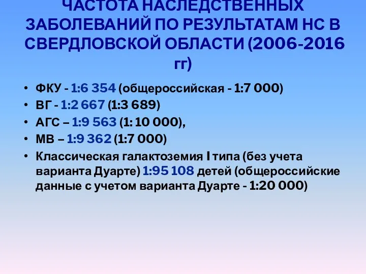 ЧАСТОТА НАСЛЕДСТВЕННЫХ ЗАБОЛЕВАНИЙ ПО РЕЗУЛЬТАТАМ НС В СВЕРДЛОВСКОЙ ОБЛАСТИ (2006-2016 гг)