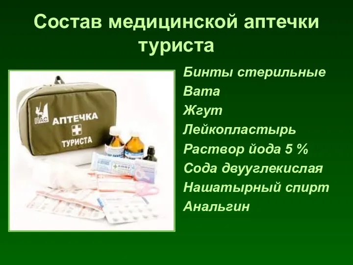 Состав медицинской аптечки туриста Бинты стерильные Вата Жгут Лейкопластырь Раствор йода