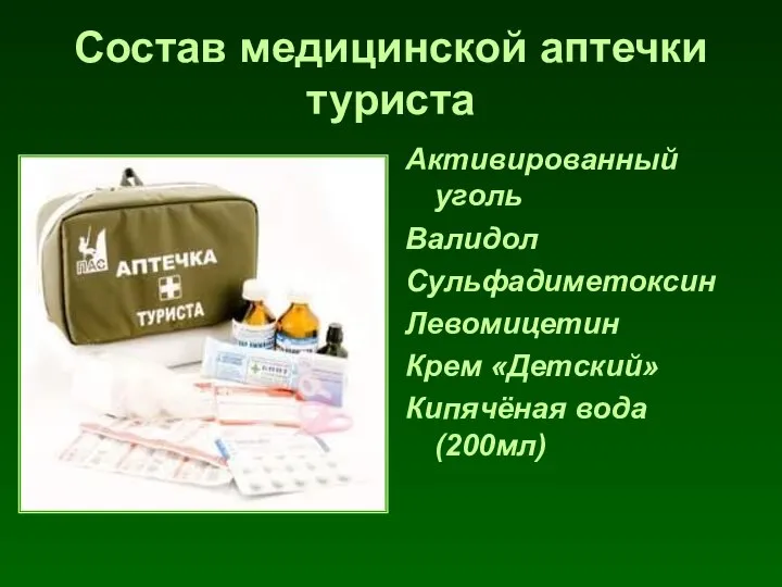 Состав медицинской аптечки туриста Активированный уголь Валидол Сульфадиметоксин Левомицетин Крем «Детский» Кипячёная вода (200мл)