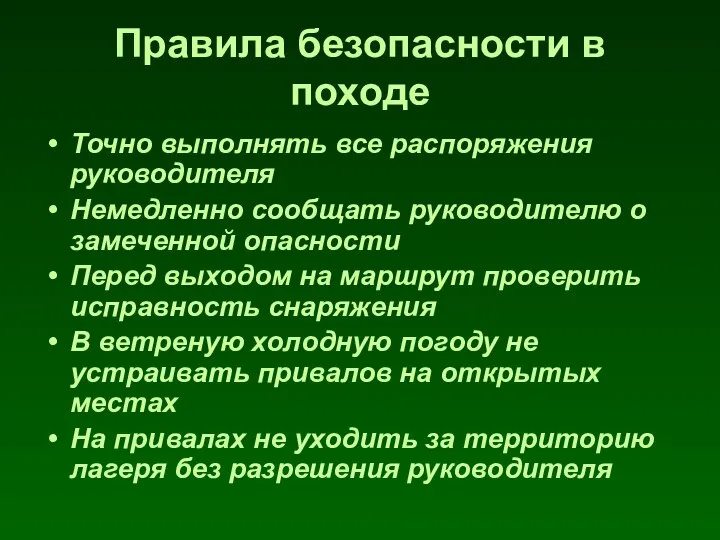 Правила безопасности в походе Точно выполнять все распоряжения руководителя Немедленно сообщать