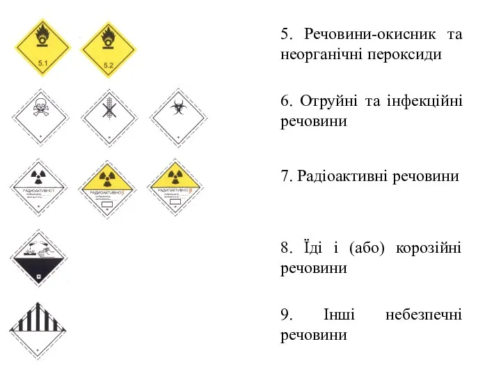 5. Речовини-окисник та неорганічні пероксиди 6. Отруйні та інфекційні речовини 7.