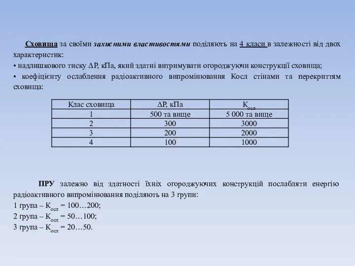 Сховища за своїми захисними властивостями поділяють на 4 класи в залежності