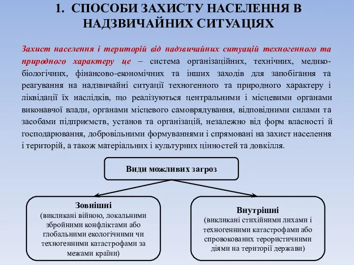 1. СПОСОБИ ЗАХИСТУ НАСЕЛЕННЯ В НАДЗВИЧАЙНИХ СИТУАЦІЯХ Захист населення і територій