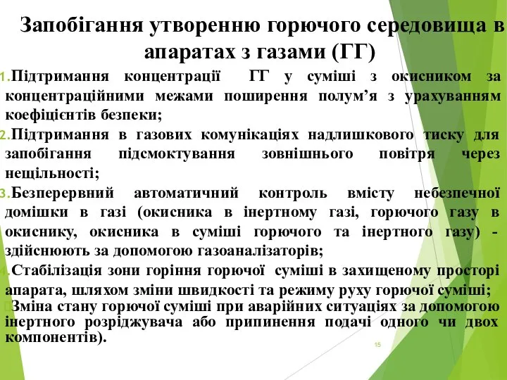 Запобігання утворенню горючого середовища в апаратах з газами (ГГ) Підтримання концентрації