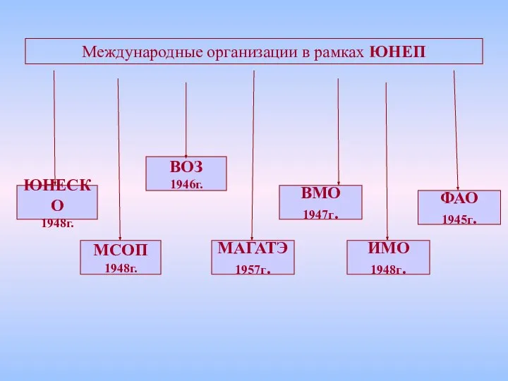 Международные организации в рамках ЮНЕП ЮНЕСКО 1948г. МСОП 1948г. ВОЗ 1946г.