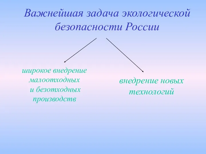 Важнейшая задача экологической безопасности России широкое внедрение малоотходных и безотходных производств внедрение новых технологий