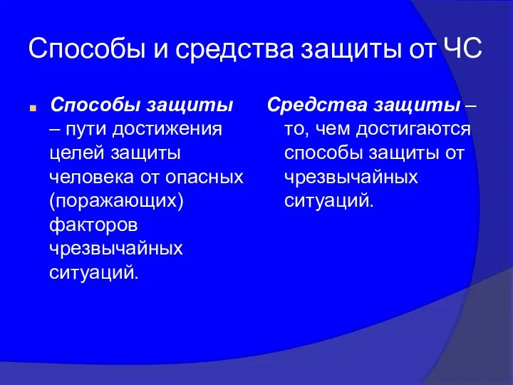 Способы и средства защиты от ЧС Способы защиты – пути достижения