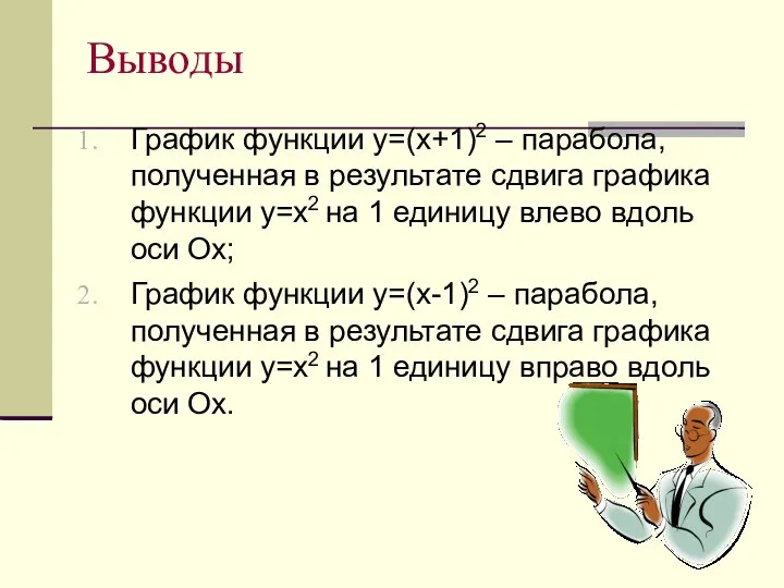 Выводы График функции у=(х+1)2 – парабола, полученная в результате сдвига графика