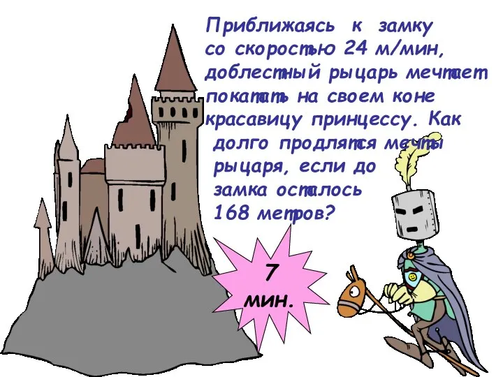 Приближаясь к замку со скоростью 24 м/мин, доблестный рыцарь мечтает покатать