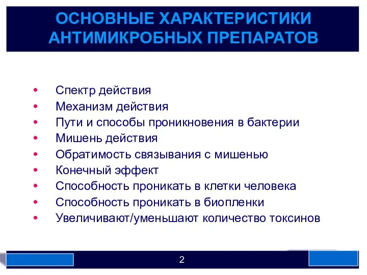 ОСНОВНЫЕ ХАРАКТЕРИСТИКИ АНТИМИКРОБНЫХ ПРЕПАРАТОВ Спектр действия Механизм действия Пути и способы