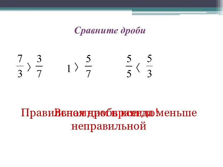 Сравните дроби Вспомним правило! Правильная дробь всегда меньше неправильной