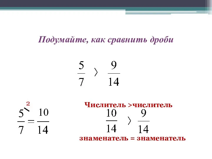 Подумайте, как сравнить дроби 10 знаменатель = знаменатель Числитель >числитель