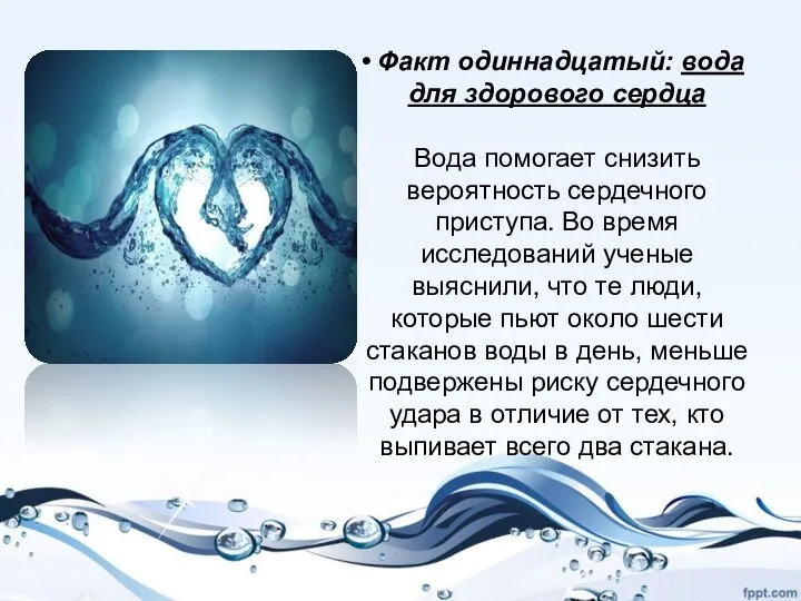 Факт одиннадцатый: вода для здорового сердца Вода помогает снизить вероятность сердечного