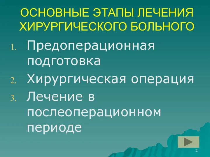 ОСНОВНЫЕ ЭТАПЫ ЛЕЧЕНИЯ ХИРУРГИЧЕСКОГО БОЛЬНОГО Предоперационная подготовка Хирургическая операция Лечение в послеоперационном периоде