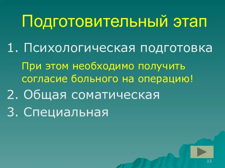 Подготовительный этап 1. Психологическая подготовка При этом необходимо получить согласие больного