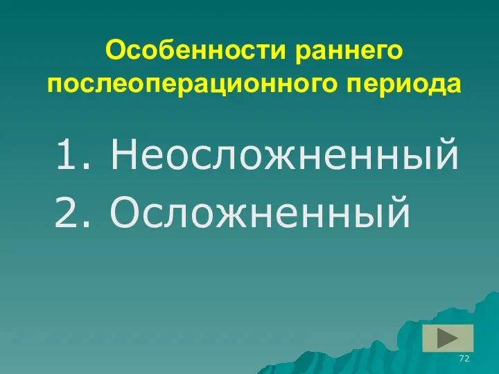 Особенности раннего послеоперационного периода 1. Неосложненный 2. Осложненный