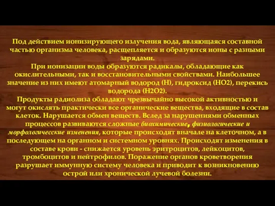 Под действием ионизирующего излучения вода, являющаяся составной частью организма человека, расщепляется