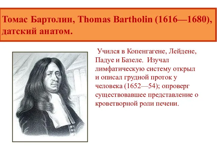 Томас Бартолин, Thomas Bartholin (1616—1680), датский анатом. Учился в Копенгагене, Лейдене,