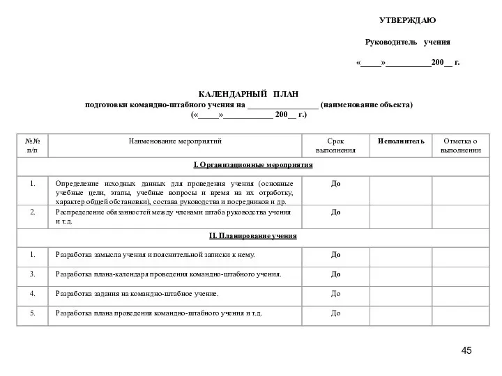 КАЛЕНДАРНЫЙ ПЛАН подготовки командно-штабного учения на _________________ (наименование объекта) («_____»____________ 200__