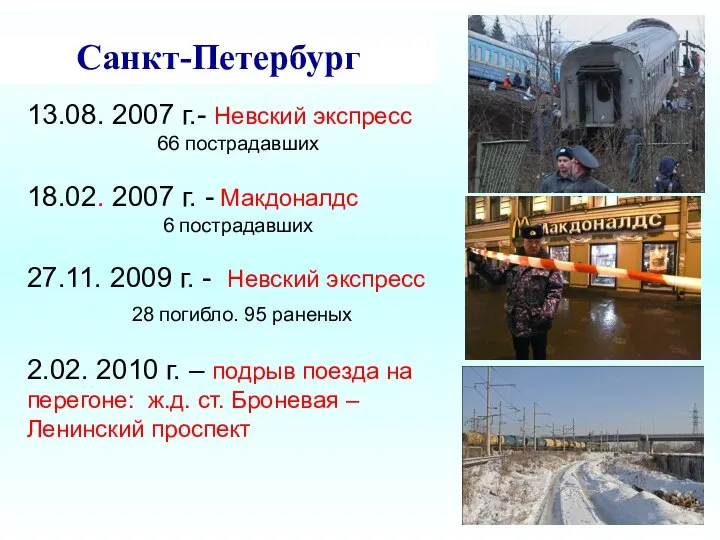 Санкт-Петербург 13.08. 2007 г.- Невский экспресс 66 пострадавших 18.02. 2007 г.