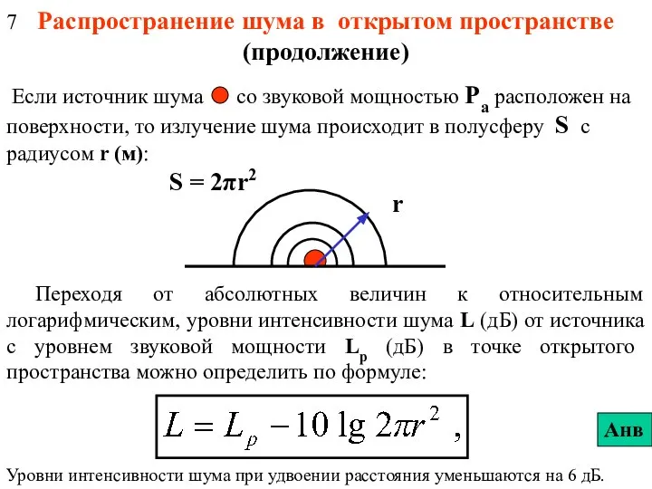 Распространение шума в открытом пространстве (продолжение) Если источник шума со звуковой