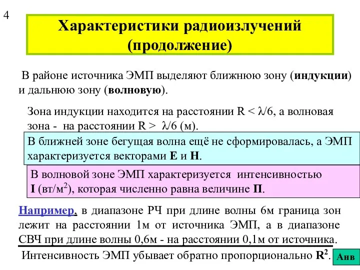 Характеристики радиоизлучений (продолжение) В районе источника ЭМП выделяют ближнюю зону (индукции)