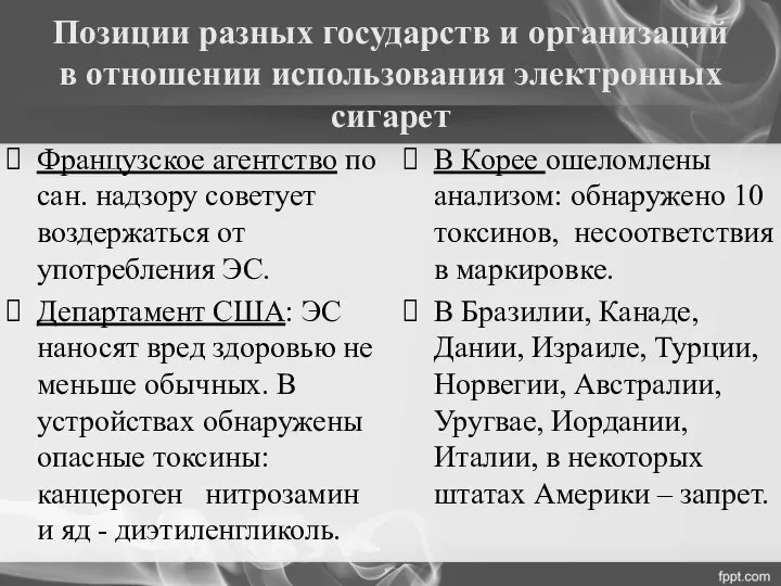 Позиции разных государств и организаций в отношении использования электронных сигарет Французское