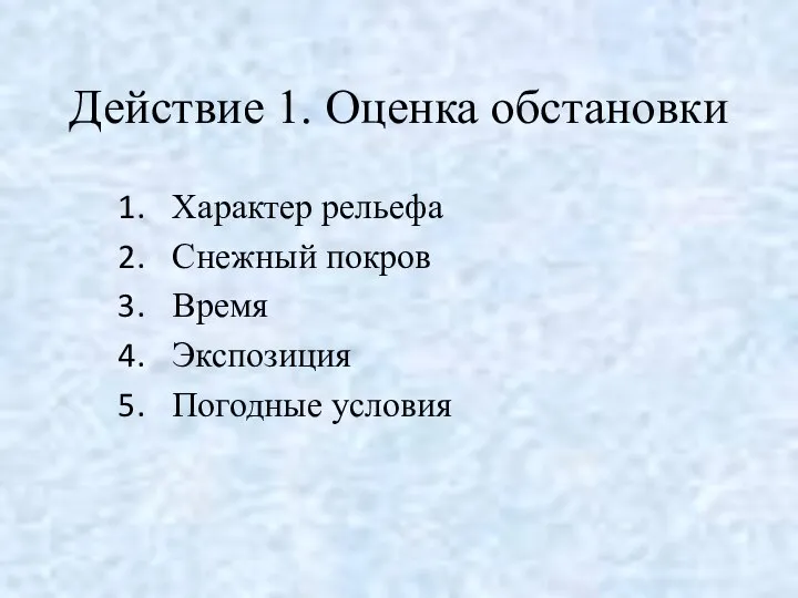 Действие 1. Оценка обстановки Характер рельефа Снежный покров Время Экспозиция Погодные условия