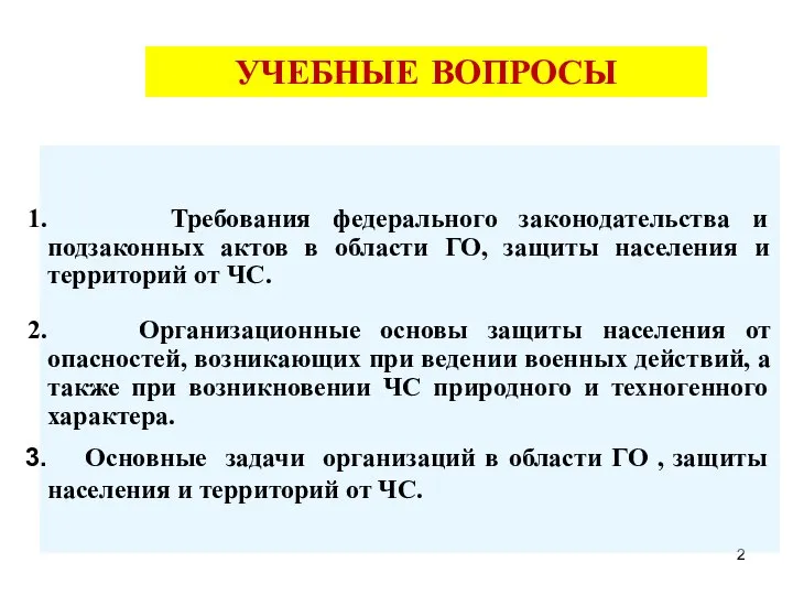 УЧЕБНЫЕ ВОПРОСЫ Требования федерального законодательства и подзаконных актов в области ГО,