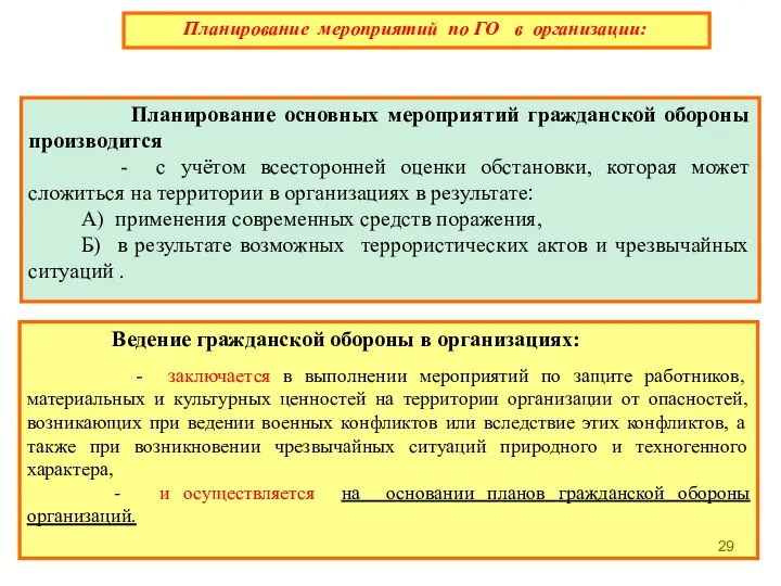 Планирование мероприятий по ГО в организации: Планирование основных мероприятий гражданской обороны