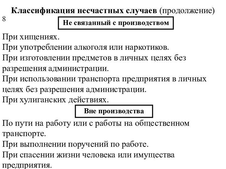 Классификация несчастных случаев (продолжение) Не связанный с производством При хищениях. При