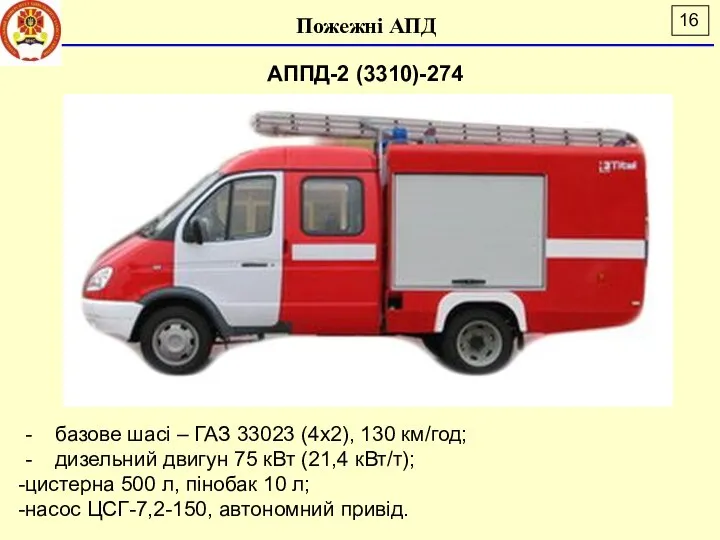 Пожежні АПД АППД-2 (3310)-274 - базове шасі – ГАЗ 33023 (4х2),