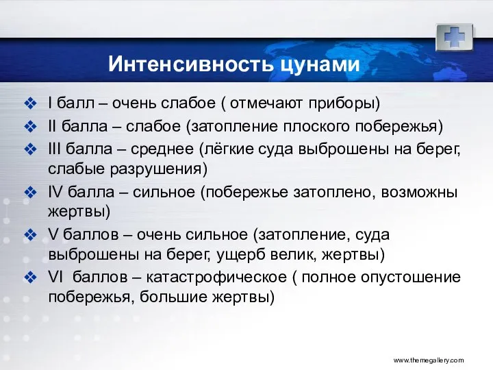 Интенсивность цунами I балл – очень слабое ( отмечают приборы) II