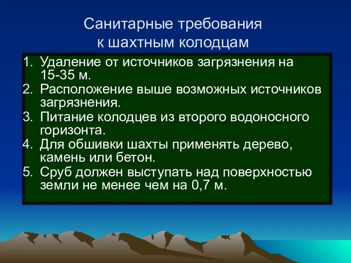 Санитарные требования к шахтным колодцам Удаление от источников загрязнения на 15-35