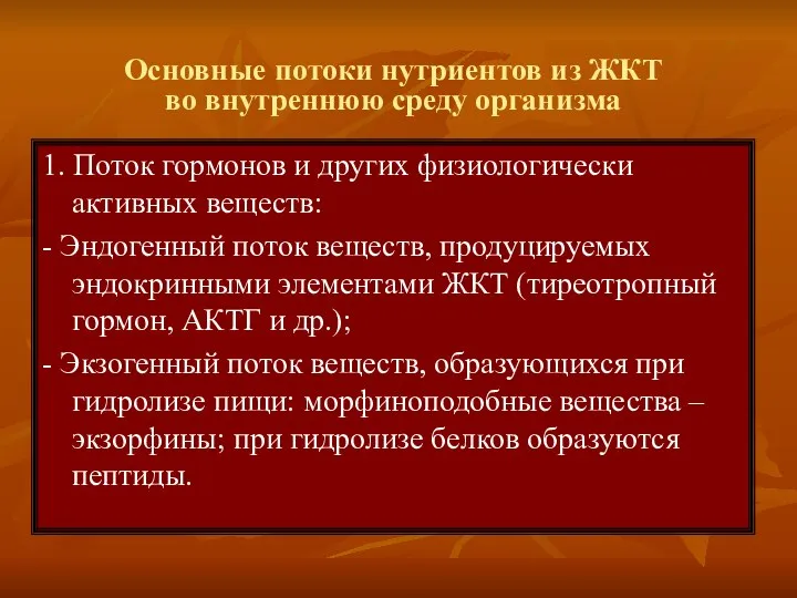 Основные потоки нутриентов из ЖКТ во внутреннюю среду организма 1. Поток